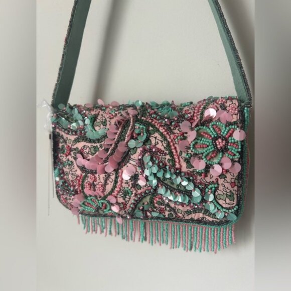 Viral Beaded Paisley Fringe Pink and Green Made in India Shoulder Bag - Picture 6 of 6
